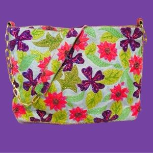 Pierre Urbach Floral Embroidery Beaded Chain Purse Blue Purple Green Embroidered